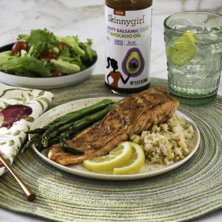 Image of Air Fryer Balsamic Salmon and Asparagus with Cauliflower Rice Recipe